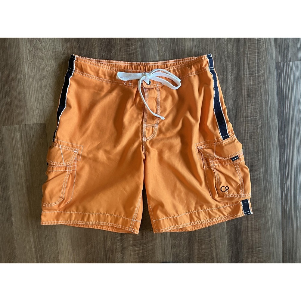 Op Swim Trunks Mens Medium Orange Cargo Lined Elastic Waist Pockets Surf